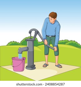 Man Using Hand Pump Graphic Vector Illustration