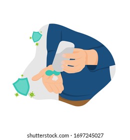 Man Using Hand Sanitizer - Vector Flat Design Illustration : Suitable for People Theme, Health / Medical Theme, Infographics and Other Graphic Related Assets.