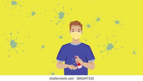 Man using hand sanitizer wearing face mask against covid19 Coronavirus with germ and virus cell wallpaper background set. 