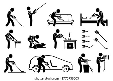 Man Using Handheld Cordless Stick Vacuum Cleaner To Clean The House. Vector Icons Of Vacuum Cleaner Sucking Dust On Floor, Ceiling, Sofa, Bed Mattress, Furniture, Pet Dog, Computer, Carpet, And Car.