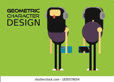 Man using headphone and holding phone. A simple flat geometric character design