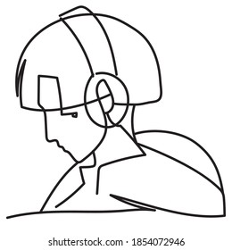 man using headphones, continuous line style vector illustration