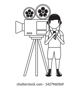 man using headphones with projector camera vector illustration