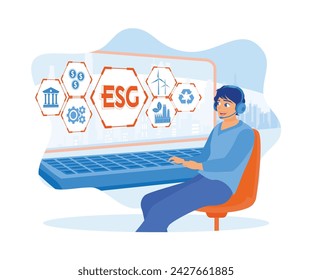Der Mann benutzt Kopfhörer und sitzt vor dem Computer. Geschäftsmann analysiert ESG. Das Konzept des ESG-Icons. flache Vektor moderne Illustration 