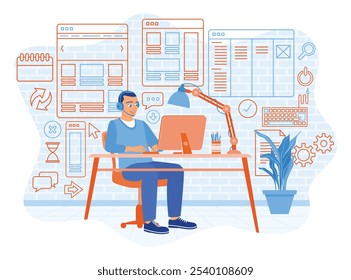 Hombre usando auriculares y trabajando frente a la computadora. Desarrollar un Sitio web en una computadora. Concepto de Diseño web. Ilustración vectorial plana.