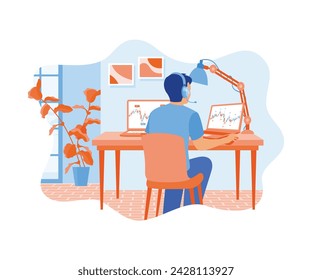 The man is using a headset in the home office. Reviewing cryptocurrency trading documents on the computer. Stock Trading concept. Flat vector illustration.
