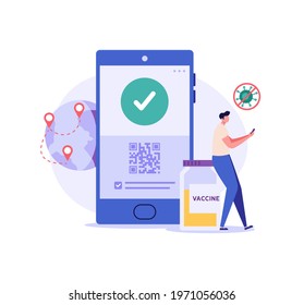 Man using health passport of vaccination for covid-19. Safe travel in pandemic. Concept of vaccination certificate, coronavirus vaccine, covid-19 id card app. Vector illustration for web design