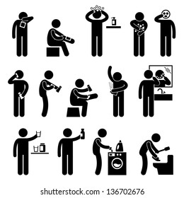 Man using Healthcare Product Hair Body Shampoo Lotion Facial Mask Eating Food Supplement Stick Figure Pictogram Icon