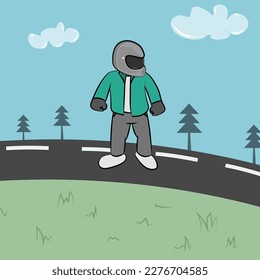 A man using helmet standing on the road vector illustration