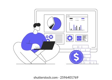 Man using his laptop to assess stock market trends and business developments, man with laptop looking at stock business developments. Flat Cartoon Vector Illustration, icon. Stylish abstract design 