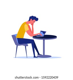 Man using his laptop behind table. Single person, web browsing, social media, gadget flat vector illustration. Leisure activity and free time concept for banner, website design or landing web page