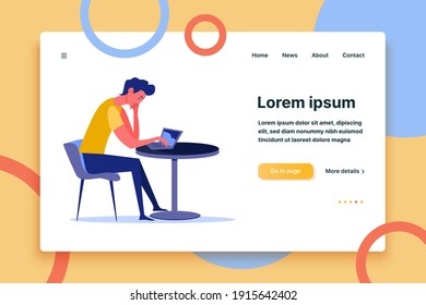 Man using his laptop behind table. Single person, web browsing, social media, gadget flat vector illustration. Leisure activity and free time concept for banner, website design or landing web page