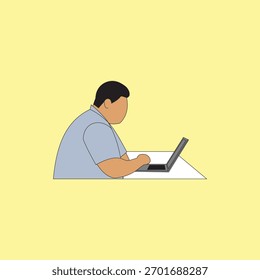 El hombre está usando su computadora portátil haciendo su trabajo en la Ilustración vectorial de la oficina. 