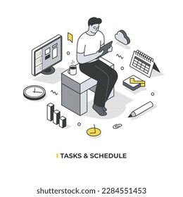 Man using his mobile device to check schedule and tasks. Productivity and time management concept. The isometric illustration conveys the idea of being organized, efficient, and productive