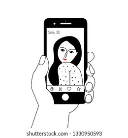 Man using his mobile phone with dating app. Online dating concept.  Vector illustration. 