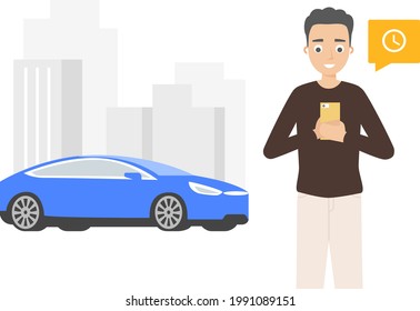 Man is using his mobile phone to control his new energy car