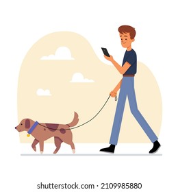 Man Using His Phone While Walking His Dog