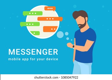 Man using his smart intelligence watch and sending messages to friends via messenger app. Flat illustration of instant texting and data sharing with friends via messenger mobile app