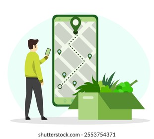 Man using his smartphone to check his healthy food order. GPS location map on smartphone screen. Order Tracking concept. Flat vector illustration. 
