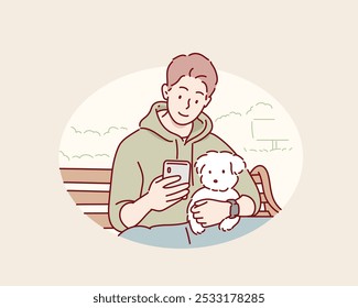 Un hombre usa su teléfono inteligente en el parque mientras está sentado con su perro. Ilustraciones de diseño de Vector de estilo dibujado a mano.