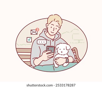 A man using his smartphone in the park while sitting with his dog. Hand drawn style vector design illustrations.