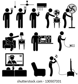 Man Using Home Appliances Entertainment Leisure Electronics Equipments Stick Figure Pictogram Icon