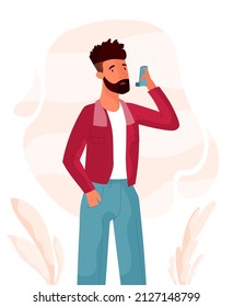 Man using inhaler. Asthma and taking care of your health, treatment of problems. Bad lungs and airways, drugs and medications. Young guy suffocates, lack of oxygen. Cartoon flat vector illustration