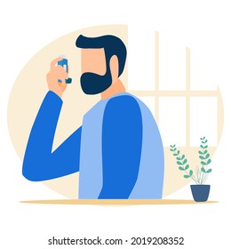 A Man Using Inhaler With Brown Window Backgrounds Do Flower Pot. Man In Blue Shirt Long Sleeves Holding Inhaler For Asthma Disease In Vector