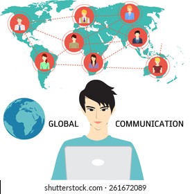 A man using internet to communicate with his friends, colleagues, alliances, family and etc. from anywhere. Global  communication.