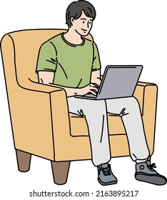 Man Using Labtop Sitting in Armchair, vector illustration