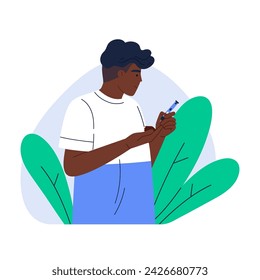 Mann mit Lanzettenstift und Zuckermessung. Blutzuckertest. Mann, der Diabetes hat. Diabetesbehandlung, Aufklärungstag, Gesundheitswesen. Isolierte Vektor-Illustration im Cartoon-Stil
