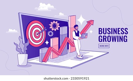 Man Using Laptop Apps for Online Banking and Growing Business. Successful business people are happy. Winning of competition. successful projects. Flat Cartoon Vector Illustration.