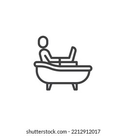 Man Using Laptop In Bathroom Line Icon. Linear Style Sign For Mobile Concept And Web Design. Man With Laptop In Bathtub Outline Vector Icon. Symbol, Logo Illustration. Vector Graphics