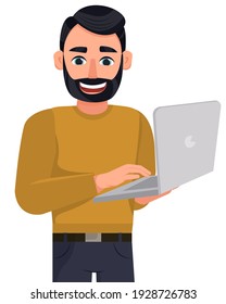 Man using laptop. A man with a beard holds a laptop. Cute man isolated on white background.