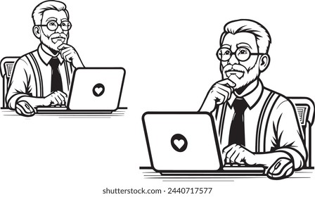 hombre usando la ilustración en blanco y negro del ordenador portátil