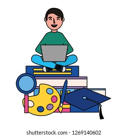 man using laptop with books