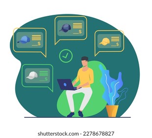 Hombre usando laptop para comprar ilustraciones vectoriales de ropa. Cliente eligiendo gorra de béisbol en línea. Ventas de segunda mano, compras en línea, pago sin efectivo, entrega en línea, concepto de comercio electrónico