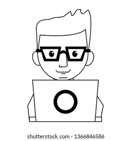 Man using laptop cartoon black and white
