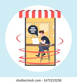 man using laptop chat bubble social media communication concept guy cafe visitor sitting at counter desk drinking coffee online speech conversation full length