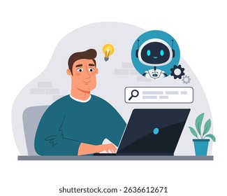 Man using laptop with chatbot assistant. AI-powered virtual assistant helps with search and productivity. Modern flat vector illustration of of virtual tech support
