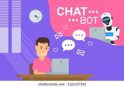 man using laptop chatting with robot.chat bot concept illustration