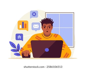 Man using a laptop with communication icons around him, sitting near a window. Modern flat style on a light background. Concept of remote work, online communication. Vector illustration