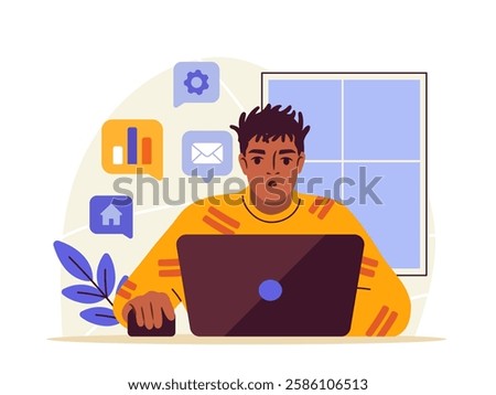 Man using a laptop with communication icons around him, sitting near a window. Modern flat style on a light background. Concept of remote work, online communication. Vector illustration