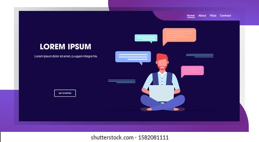 man using laptop computer chatting app social network speech chat bubble communication concept guy sitting lotus pose horizontal full length copy space vector illustration