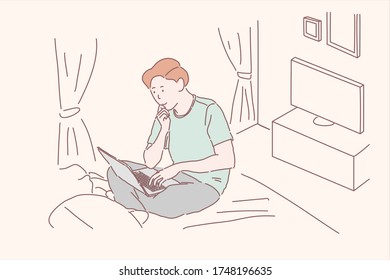 Man using laptop computer for concept work form home ,life at home learning for internet shopping online or reading news.