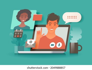 Man using laptop computer getting together with colleague via video call. Virtual meeting, freelance work, e-learning, online communication and telecommuting concept vector illustration