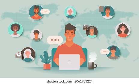 Man using laptop computer getting together with colleagues around the world via video call. Freelance work, e-learning, online communication and telecommuting concept vector illustration