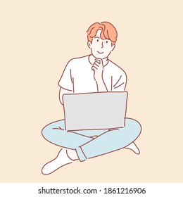 Man using laptop computer. Hand drawn character style.