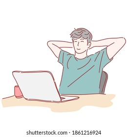 Man using laptop computer. Hand drawn character style.