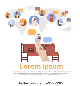Man Using Laptop Computer Muslim People Chat Media Communication Social Network Arabic Men and Women Over World Map Flat Vector Illustration